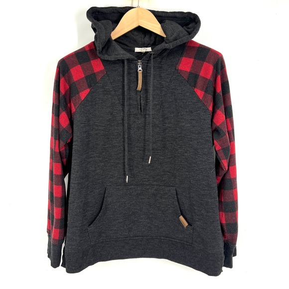 Gray Tops - Maurices Womens Large Charcoal Grey Red Buffalo Plaid Quarter Zip Hoodie